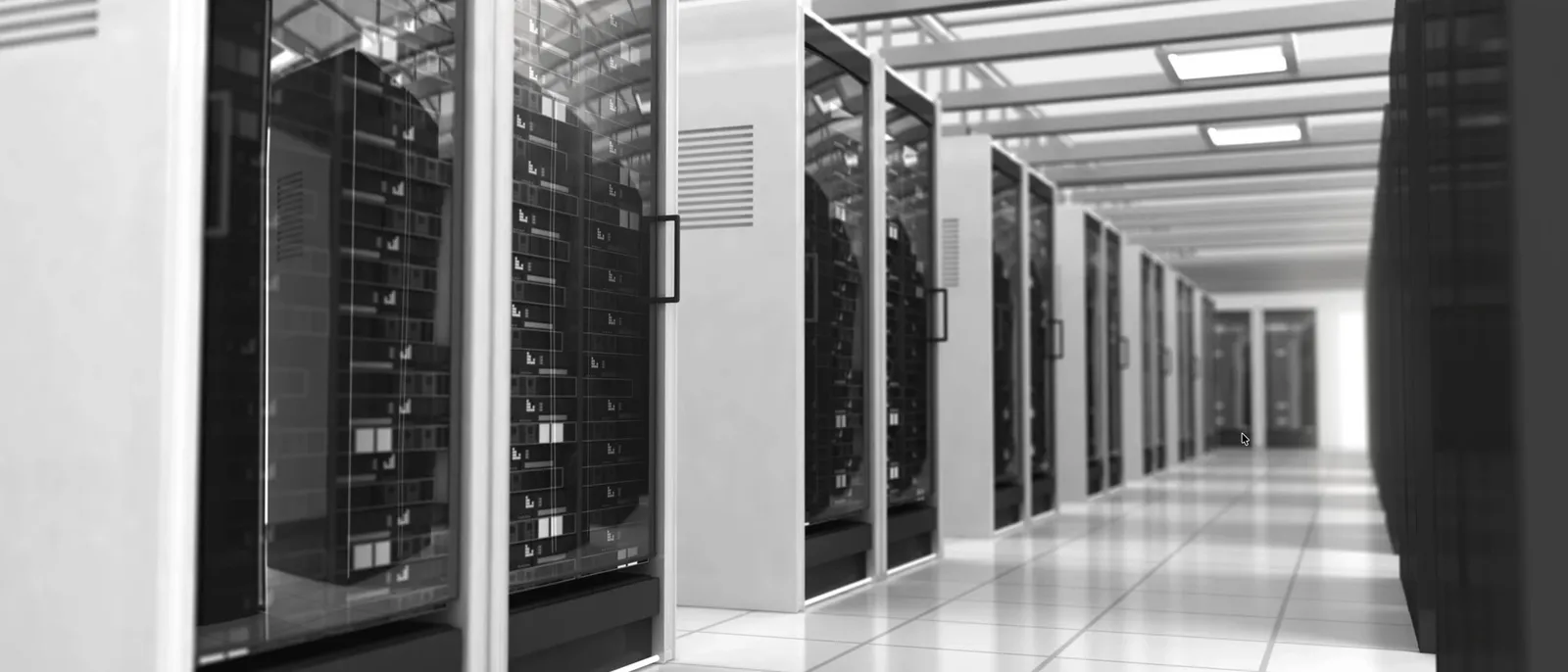Data center server room with rows of server cabinets