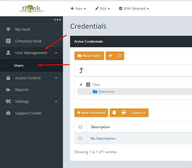 Think Vault User Management menu