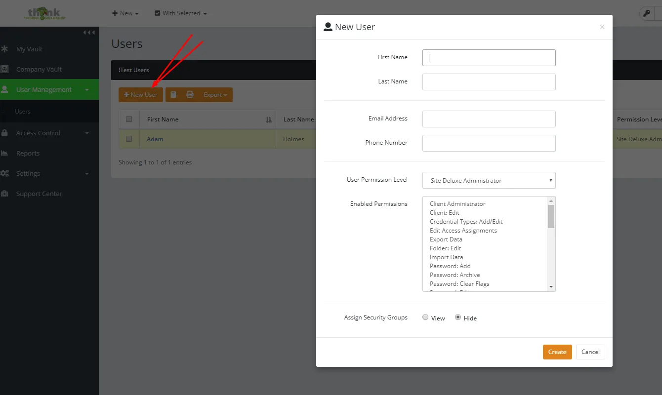 Think Vault new user form