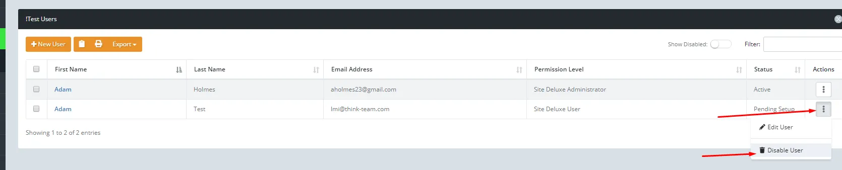 Think Vault disable user option