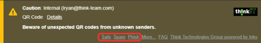 INKY gray banner showing Spam and Phish reporting links
