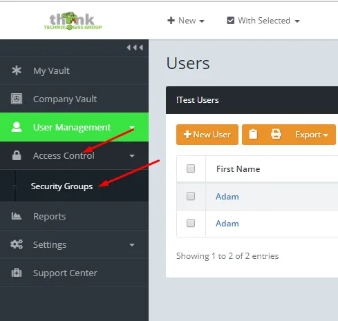Think Vault Security Groups screen